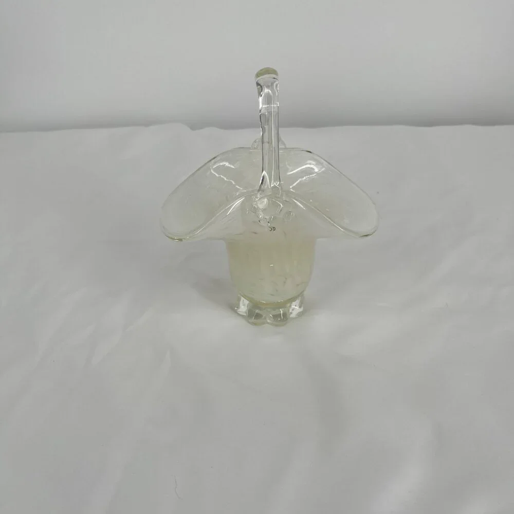 Vintage Clear Glass White‎ Confetti Hand Blown  Basket with Handle